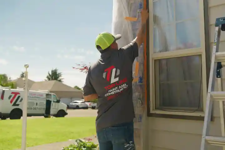 The Top Line van parked outside a stone-and-stucco home, a traffic cone out beside it