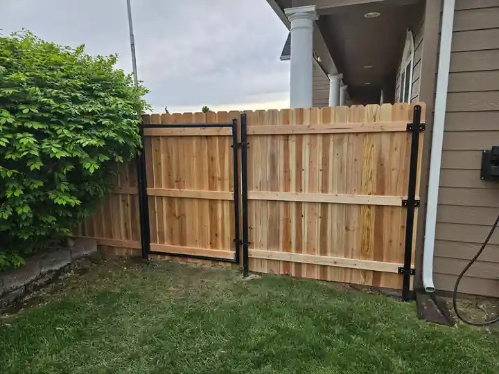 A cedar privacy fence and gate on black steel posts