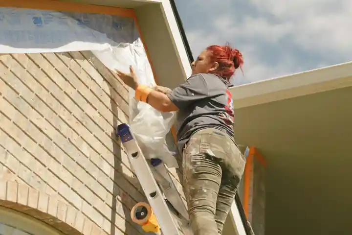 A Top Line painter on a ladder masking a brick-and-siding wall