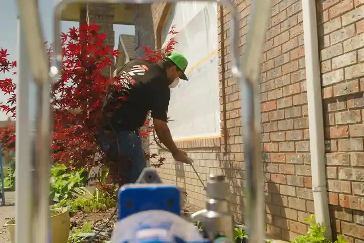 A Top Line painter spraying beside a brick wall with a paint sprayer, a red maple beside the house